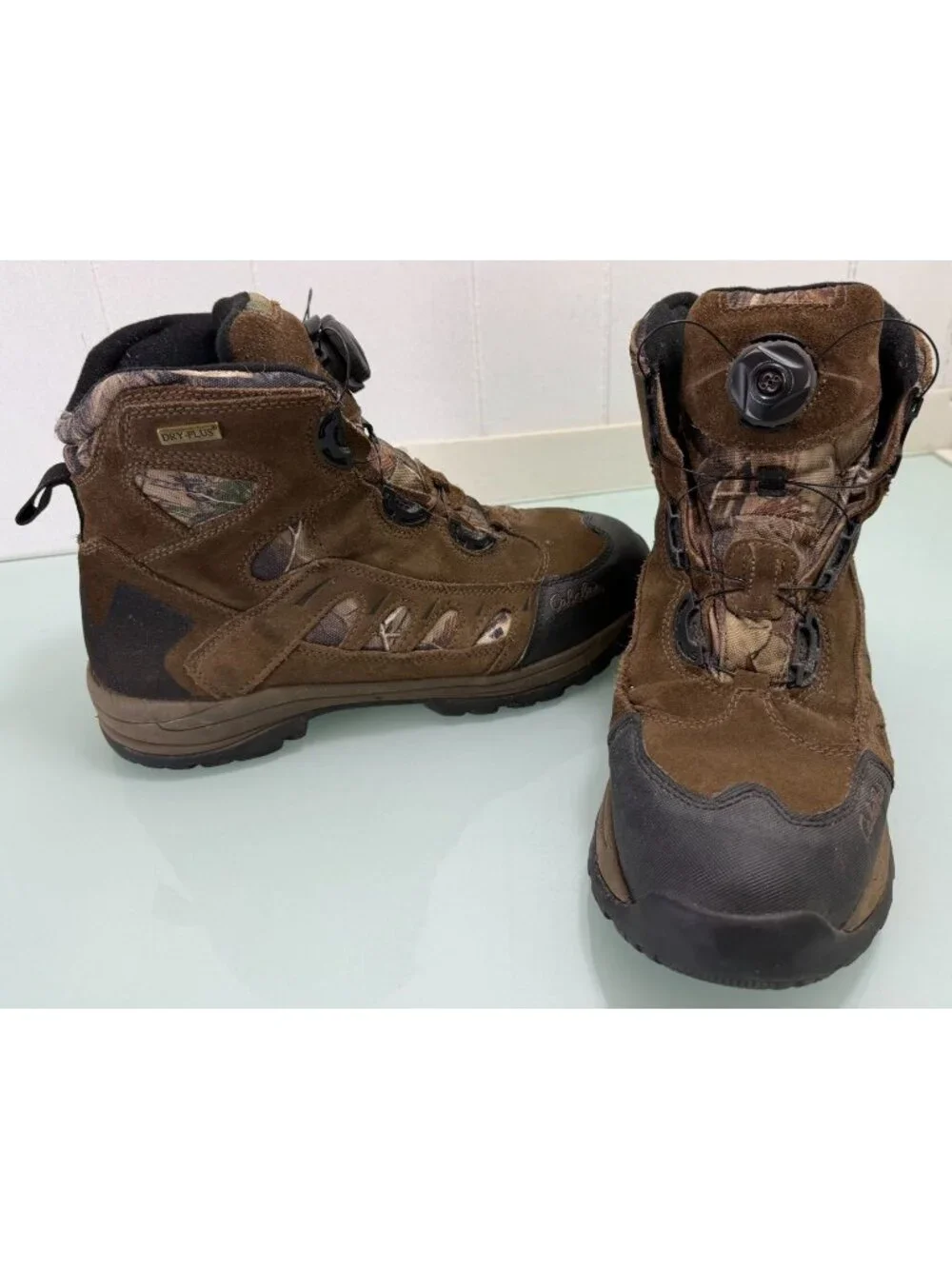 Cabela's Boots Mens 11.5 D Brown Black Suede Boa Camo Insulated Dry-Plus Hiking